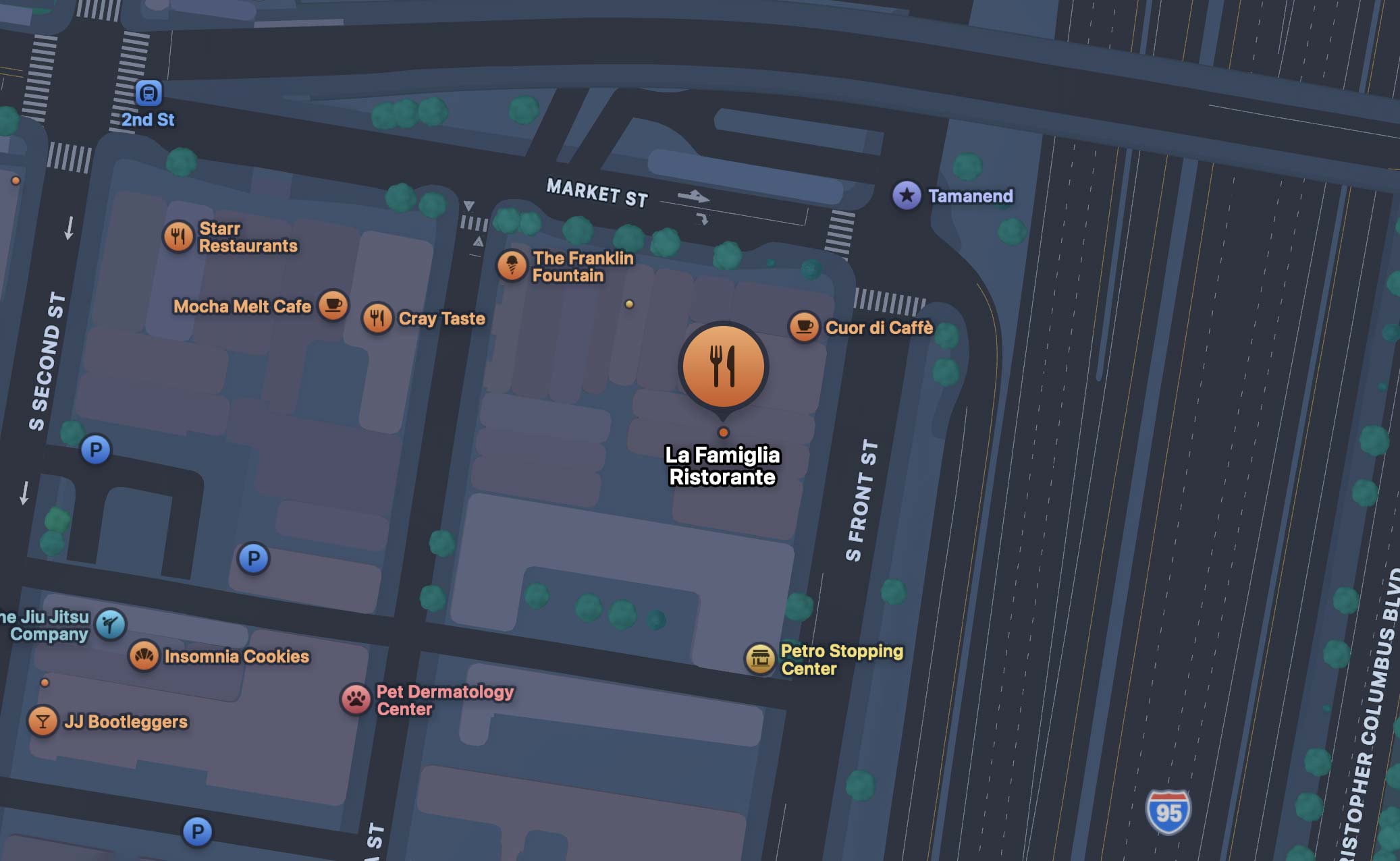Map to La Famiglia Ristorante, 8 South Front Street, Philadelphia