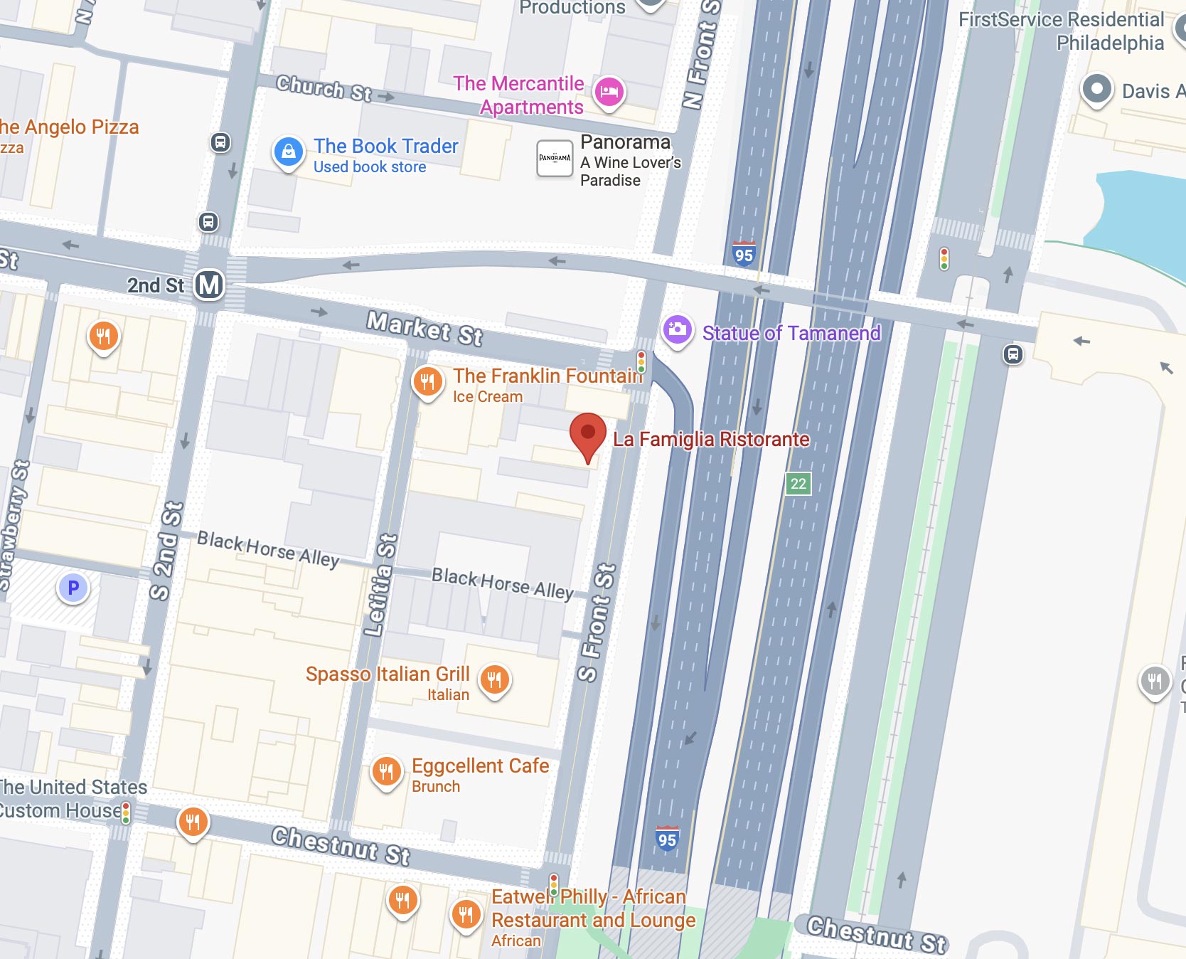 Map to La Famiglia Ristorante, 8 South Front Street, Philadelphia, PA 19106